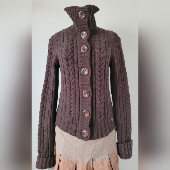 Abercrombie & Fitch Chocolate Cable Knit Cardigan Wool Blend L(Juniors) Small(W) - Picture 6 of 16